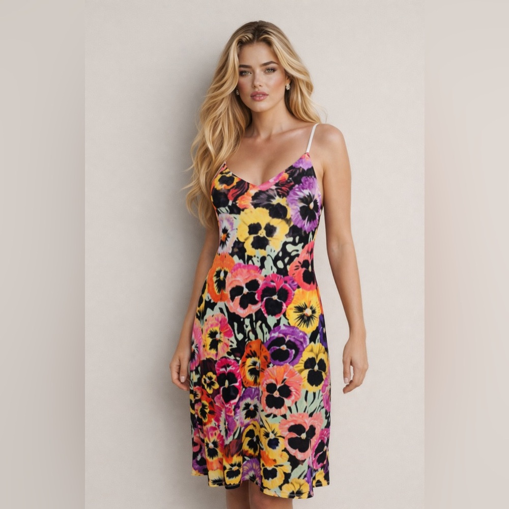 New Floral Pansy Pansies Flower Garden Sleeveless Midi Retro Colorful Dress